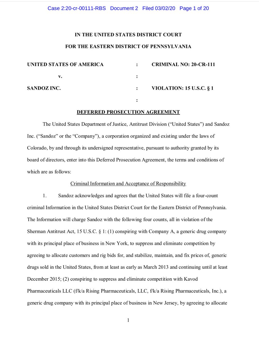 Novartis-Sandoz-ask yourself what’s the cocktail Trump keeps pushing?-who has the “almost” exclusive rights to the generic forms of said cocktail?Deferred Prosecution Agreement March 3, 2020 https://www.justice.gov/atr/case-document/file/1256306/download