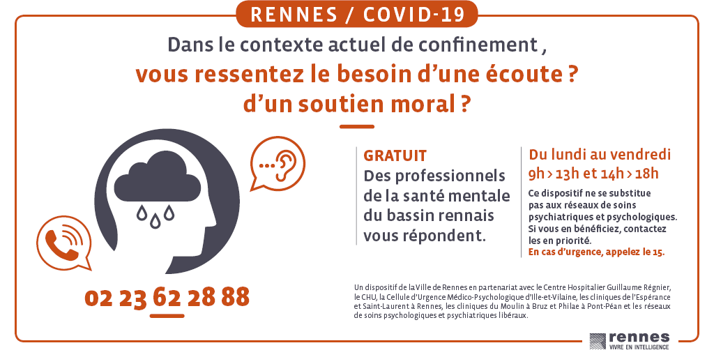 LaurentRiera's tweet photo. [🚨Covid19] Ouverture ce lundi 6 avril à Rennes d'une ligne dédiée à l'écoute et au soutien psychologique pendant le confinement, tenue par des soignants volontaires. Un dispositif coordonné par la ville de #Rennes (02.23.622.888 / pour les urgences 📞15) https://t.co/uDjPtmwb18 https://t.co/rhaEdCCv1U