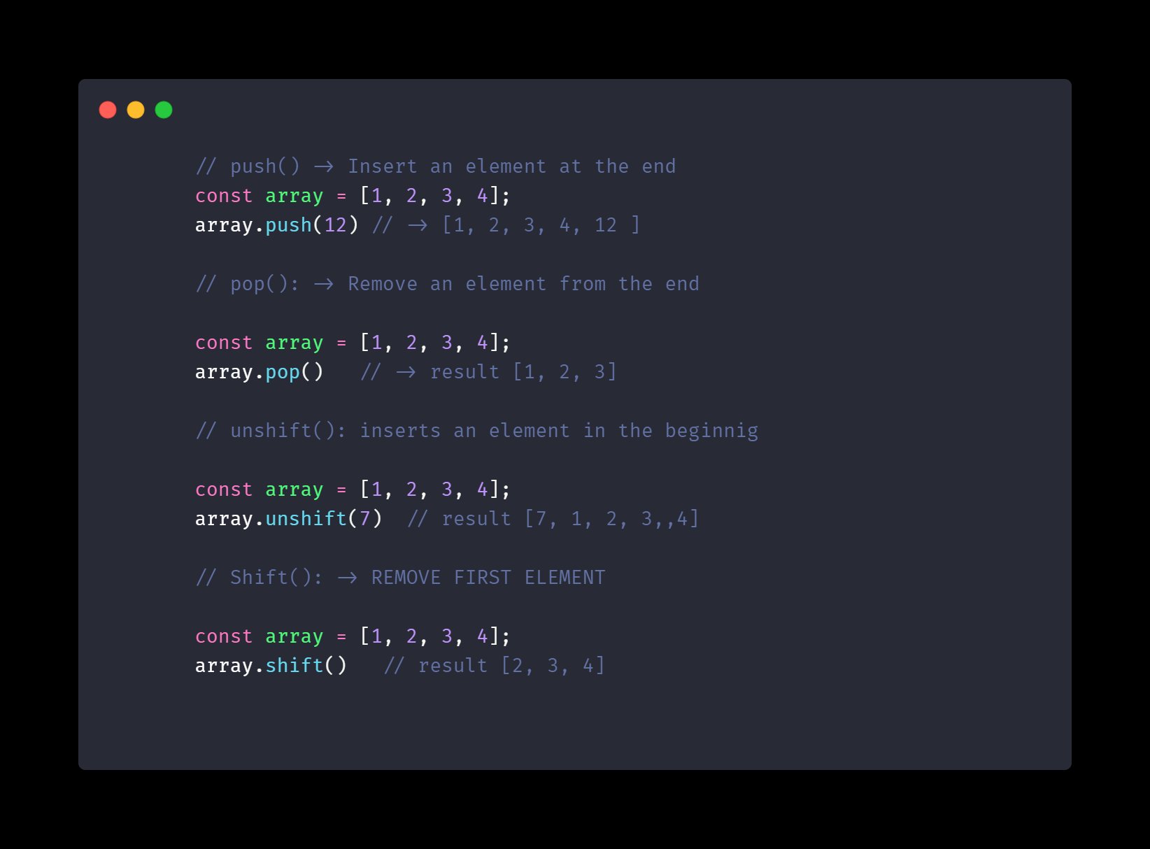 Ravin on Twitter: "Javascript Array methods cheat sheet part - 1 1 - push( - insert an element at the end. 2 - pop( ) - remove element at the