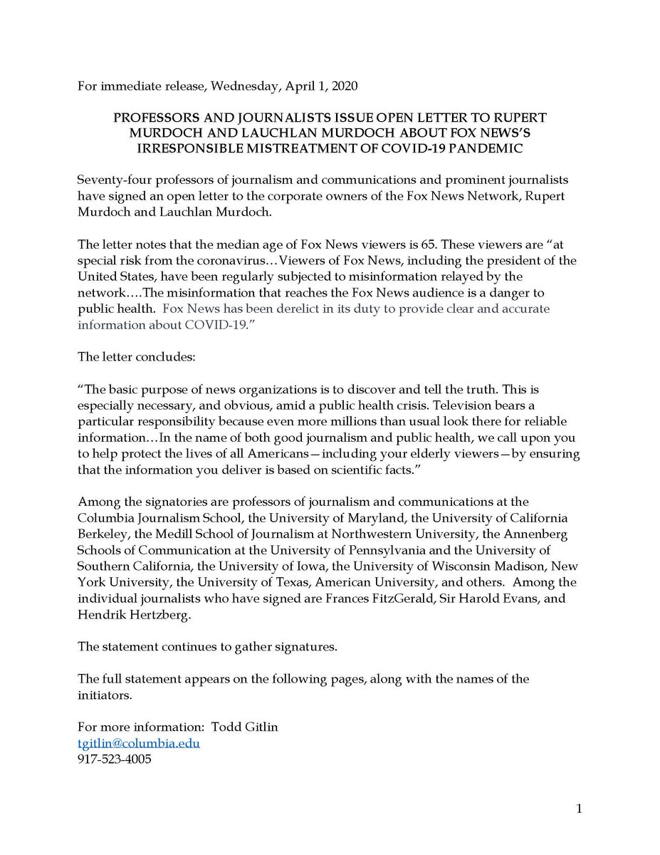 "Fox News has been derelict in its duty" re COVID facts tho its viewers "at special risk from the coronavirus.""Your misreporting endangers your own viewers."NEW: Journo profs (80) pen letter to Murdoch ab "misinformation" on  @FoxNews, noting median viewing age is 65+