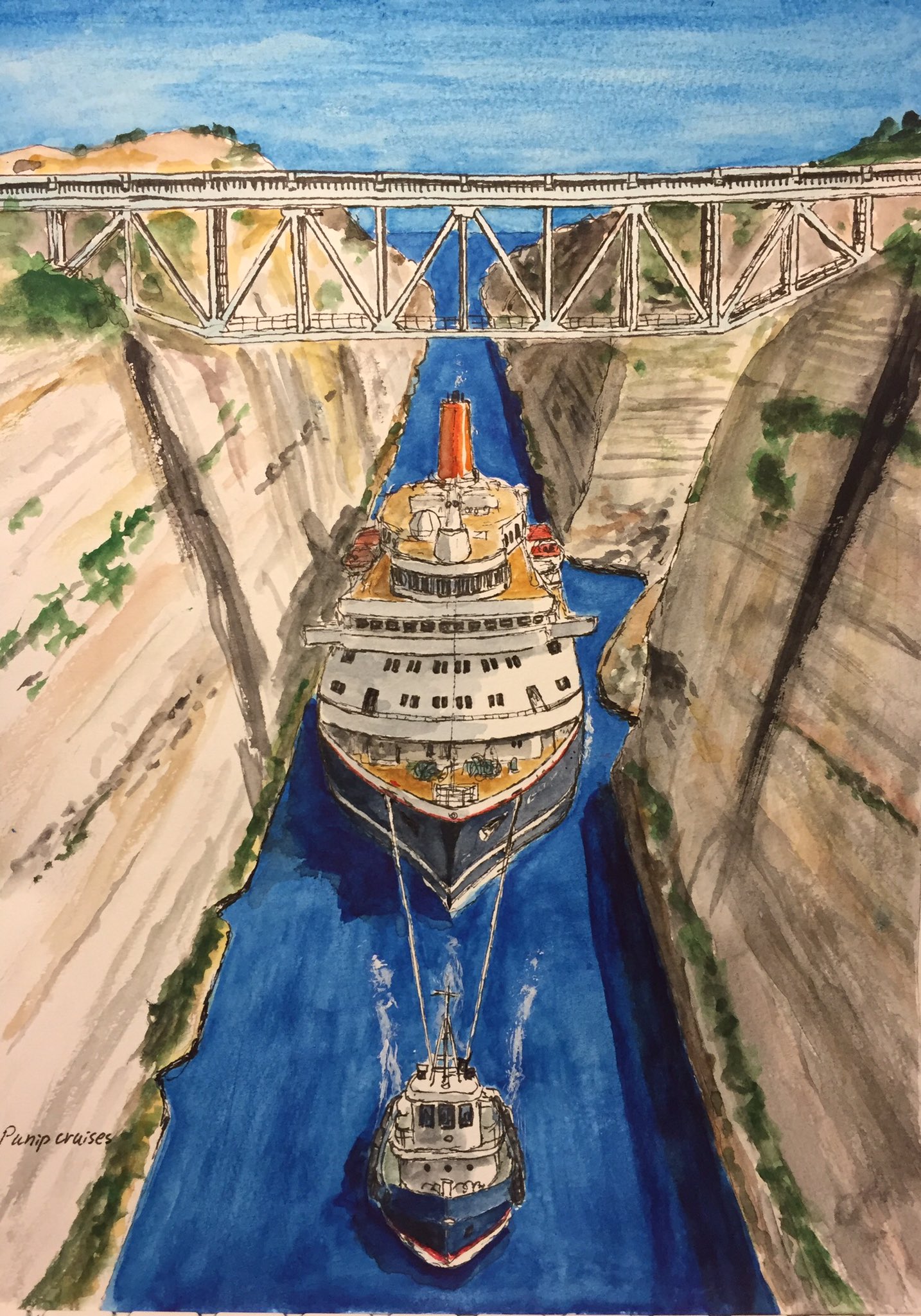 Punip Cruises V Twitter 過去絵 ギリシャのコリントス運河を通過する にっぽん丸 妄想 現実には運河の幅よりにっぽん丸の幅は70センチ狭いだけなので通過はほぼ不可能です