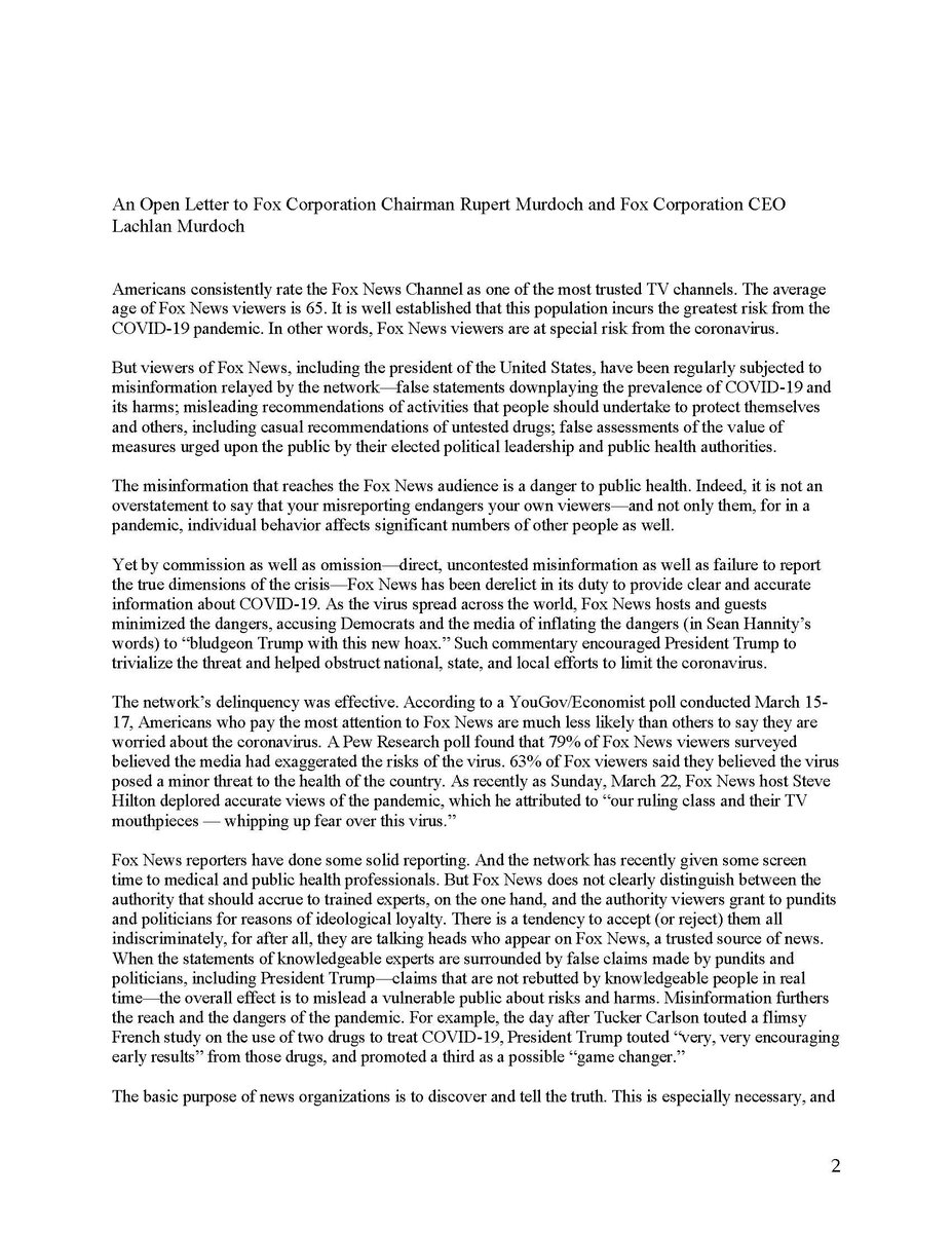 "Fox News has been derelict in its duty" re COVID facts tho its viewers "at special risk from the coronavirus.""Your misreporting endangers your own viewers."NEW: Journo profs (80) pen letter to Murdoch ab "misinformation" on  @FoxNews, noting median viewing age is 65+