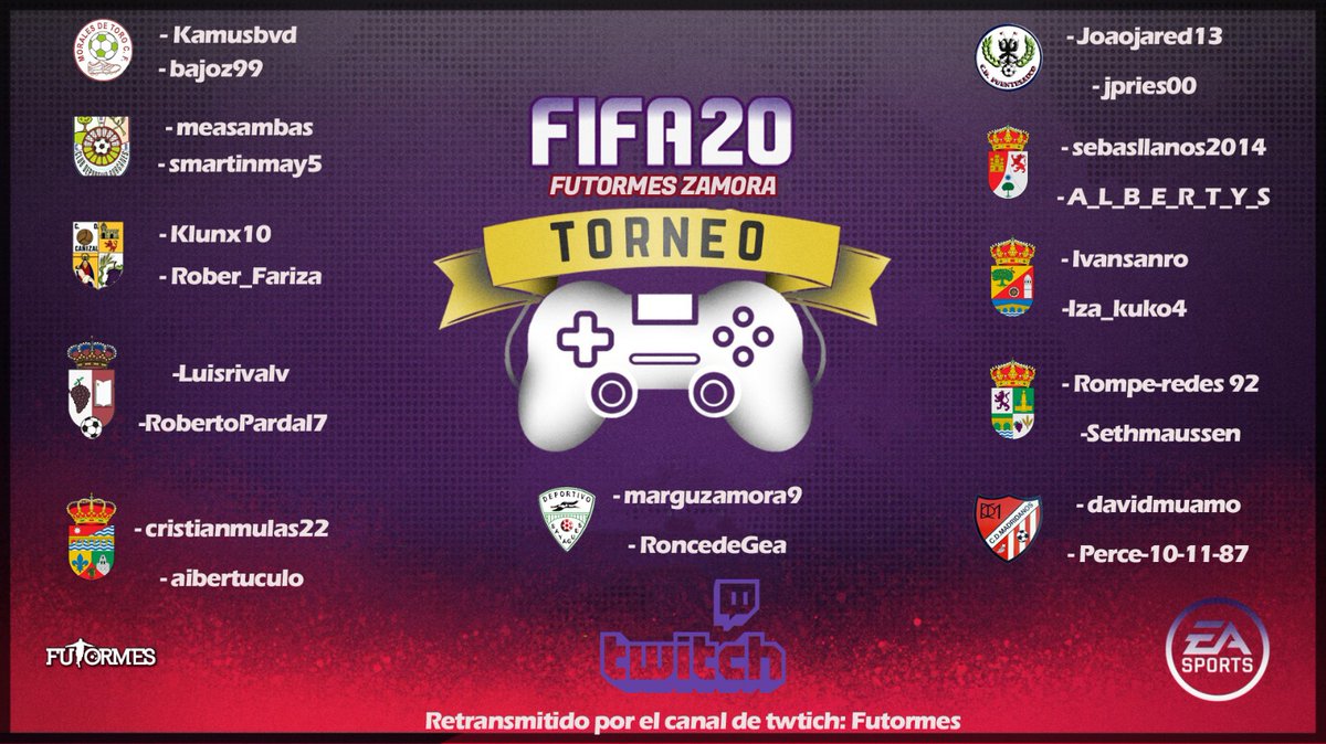 TORNEO FIFA-FUTORMES ZAMORA.A falta de fútbol buena es la play,2 jugadores de cada uno de los equipos de nuestra liga defenderán su escudo en la pantalla.A las 17:00 de este domingo tendrá lugar el sorteo de los grupos en directo pudiendo seguirlo en el instagram: Futormeszamora1