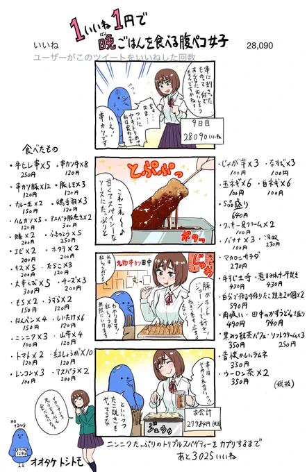 「1いいね1円で晩ごはんを食べる腹ペコ女子」
9日目              
 #1いいね1円腹ペコ女子 #もぐささん 