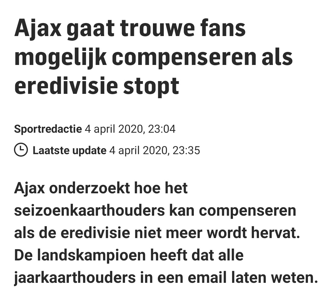 Inmiddels is bekend geworden
Dat 1 van de voorwaarden van compensatie is, dat je alle 13 competitie  thuiswedstrijden dit seizoen moet hebben bezocht..
Dat hebben precies 4 mensen gedaan. 😎
