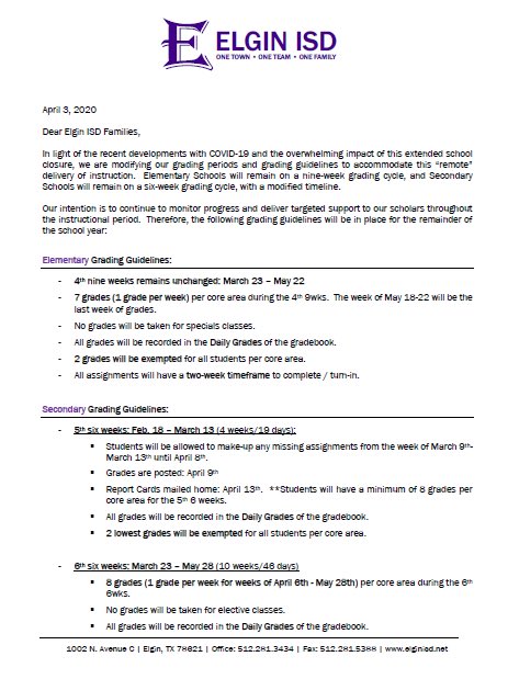 ELGINISD_EMS's tweet photo. Please read the COVID-19 Updated  EISD Grading Guidelines  @ElginSupt  @OTOT4EISD https://t.co/E6PNnH0bTK