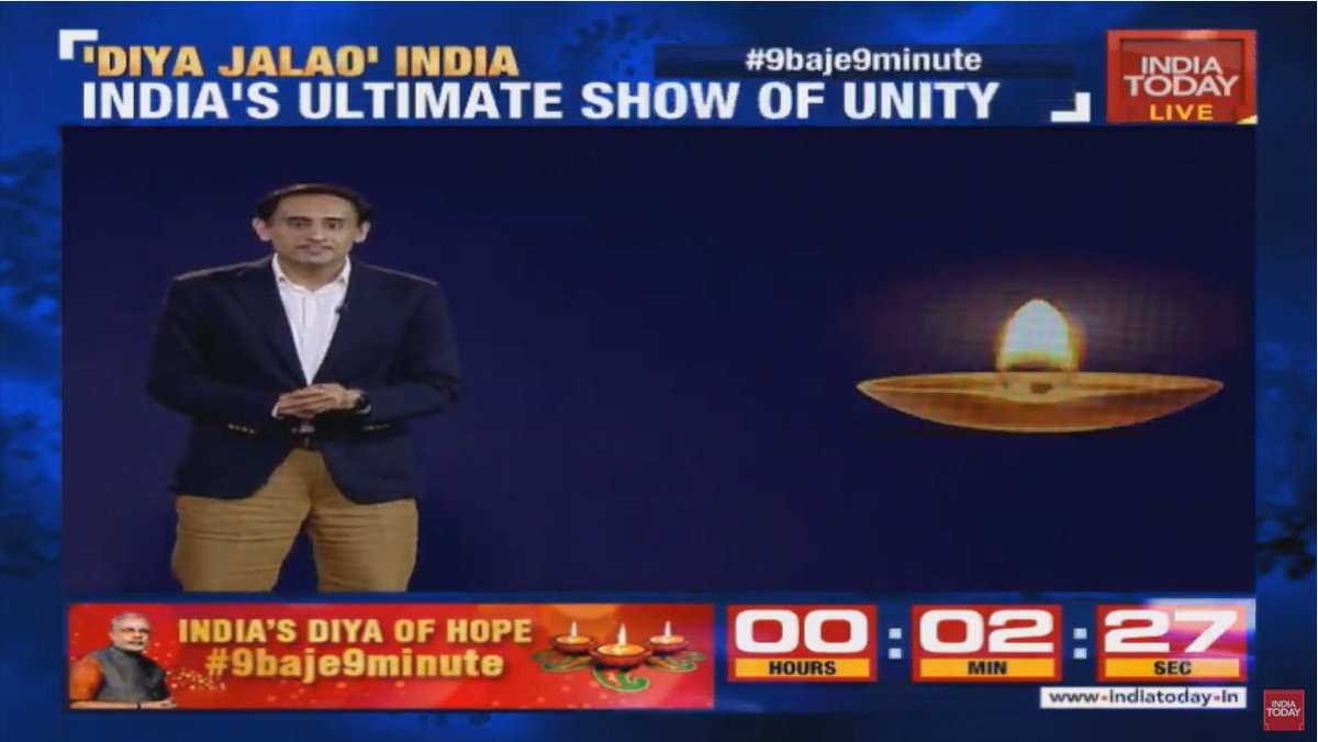 Rahul Kanwal just announced that they are going to turn off some lights in the studio as well to join the rest of the country.I am guessing the giant graphic diya in the background will provide the light. Maybe? #NLprimetime