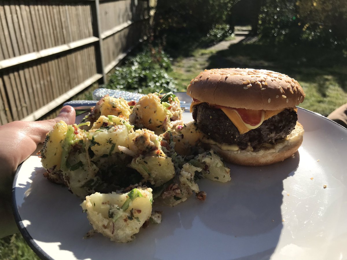 JulienRPoulain's tweet photo. I hate to #GardenPost, but this potato salad and barbecued burger is UNREAL. https://t.co/z4lnWGlrnv