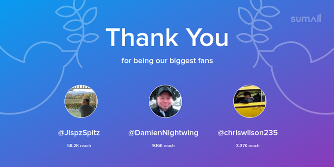 Our biggest fans this week: JlspzSpitz, DamienNightwing, chriswilson235. Thank you! via https://t.co/Ic1sEYJmO8