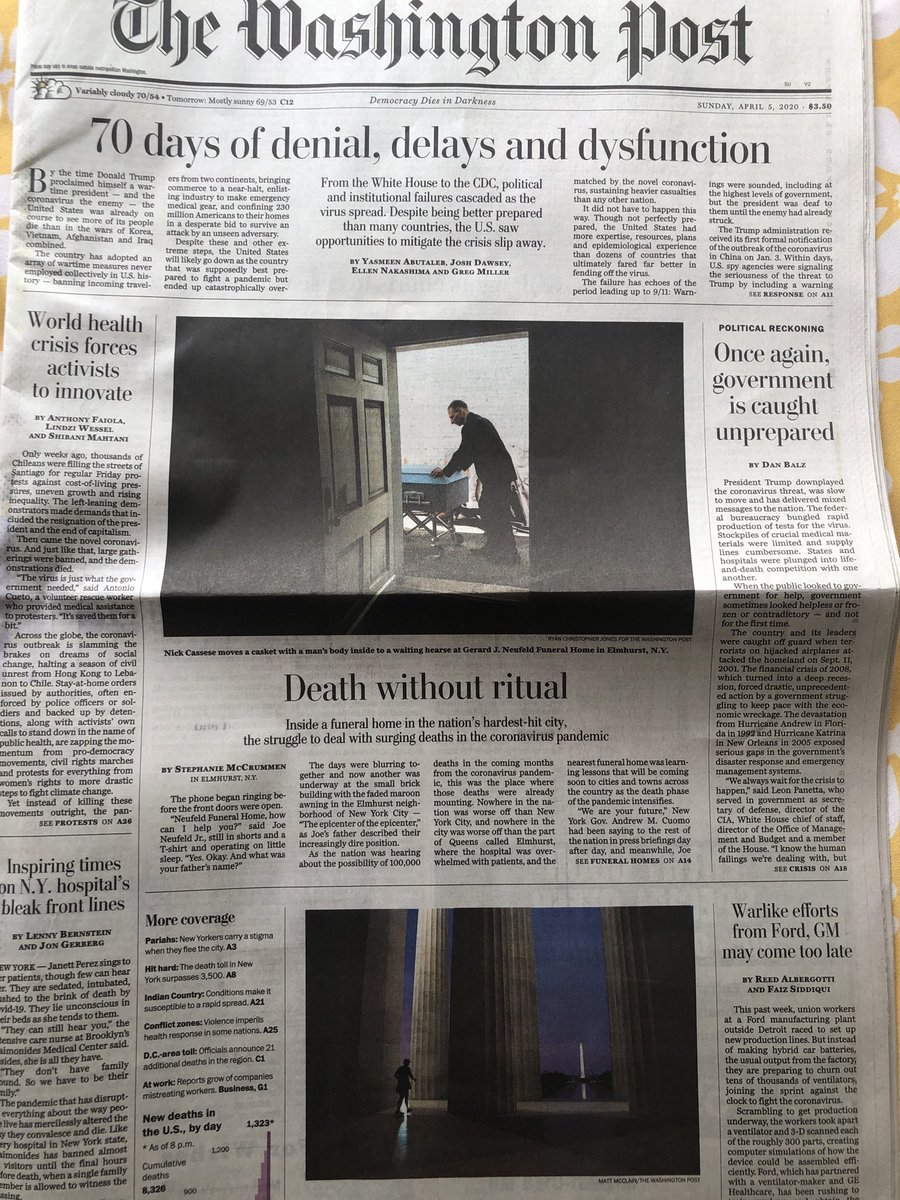 CarlosNYT's tweet photo. Today’s ⁦@washingtonpost⁩ front page reminds me of the days after 9/11 — there is only one story, and it’s being covered by everyone: health, intel, White House, politics and business reporters, foreign correspondents, and feature writers. Full mobilization: https://t.co/IYou6UHu9m