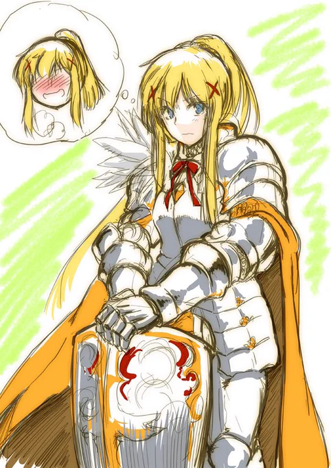 ダクネス誕生日おめでとう!原作設定だとダクネスはガチガチのフルプレートメイルなんですけど絵的にそうでもない為忘れている人多いかな、って描いてみた文章に忠実にフルプレート鎧にするとこうなりますかね?しかし兜はかぶらないのがダクネス流※デストロイヤー戦参照#ダクネス誕生祭 
