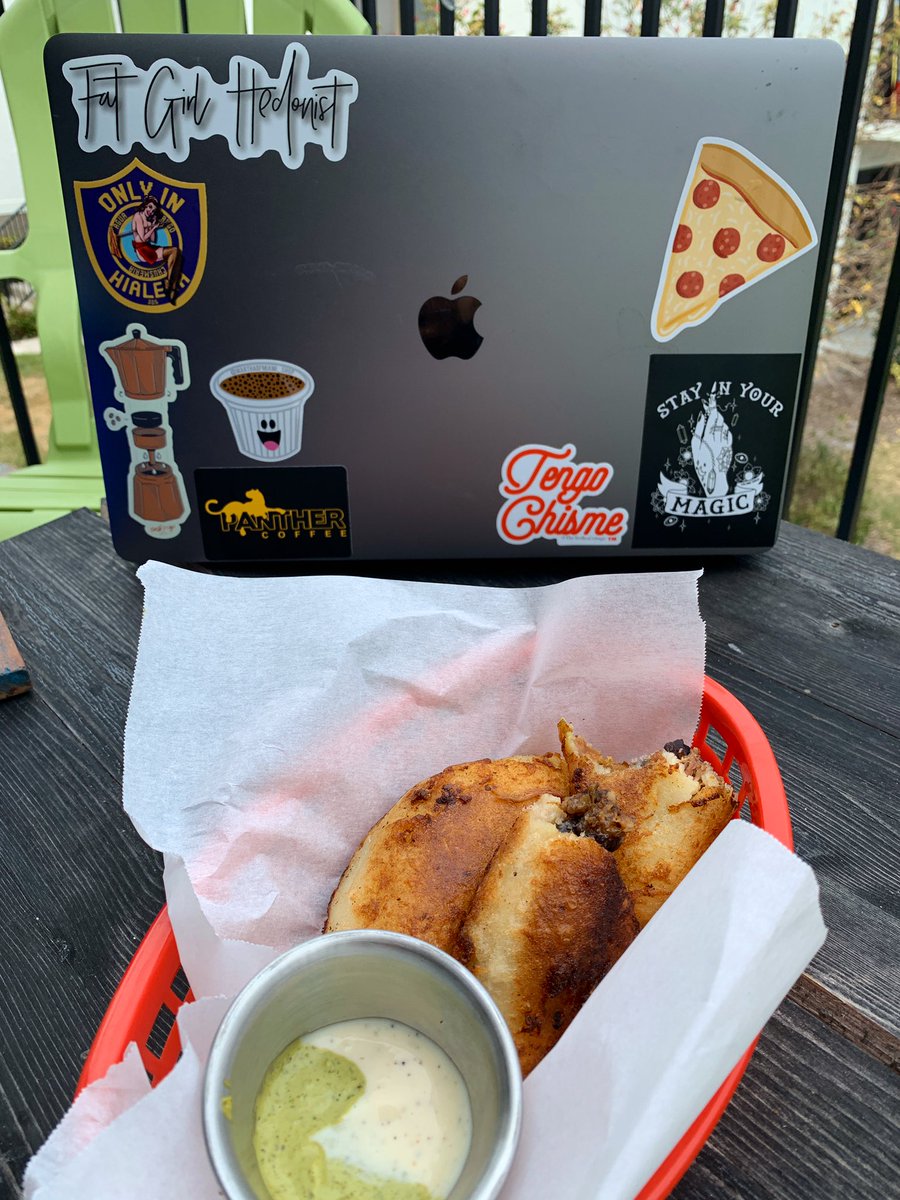 FlavorHedonist's tweet photo. Sunday vibe. Empanadas from @LaLatinaMiami Stickers from @MarthaOfMiami @TintayCafe @panthercoffee #OnlyInHialeah #TrellesCottage #PineTorch https://t.co/DBvb5bQTem
