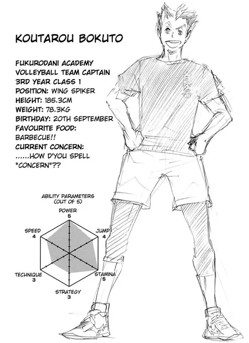 if you're anime only and doesn't know why the fandom says bokuto is beefy cause he's got noodle arms in the animation: he's just 1cm taller than oikawa but is 6kg heavier than him. he's also shorter than kuroo by 2cm but weights 3kg more than him. 