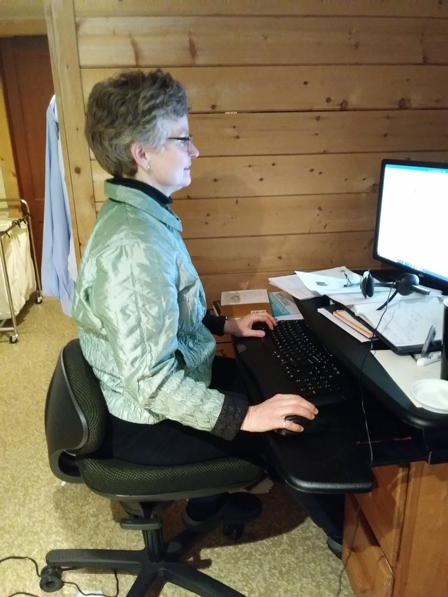 NancyBlackerg's tweet photo. using my #corechair in home office = laundry room. Desk = cast-off solid, sit-stand adjustable surface varidesk + 2 screens, keyboard and mouse. Working from home improved! https://t.co/ZXZLMjVGh8