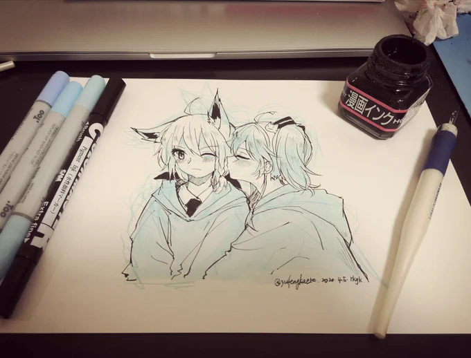 #祭絵 #絵フブキ 

"チュー~~❤️"
"うっ⁈" 