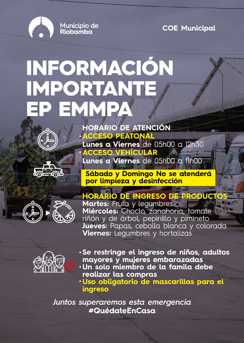 NapoCadena's tweet photo. Las medidas adoptadas por el COE MUNICIPAL van en beneficio de todos. Con ellas, garantizamos la provisión de insumos para la ciudadanía.
Informamos que la atención en la EP EMMPA Mercado Mayorista se retomará el lunes 06 de abril, debido a la desinfección integral del mismo. https://t.co/iw6c5Hk2K5