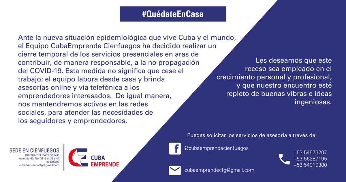 CubaemprendeC's tweet photo. Hace unas semanas #CubaEmprendeCfgos recesó sus servicios presenciales. Nuestro equipo labora desde casa asesorando de forma online a los #emprendedores interesados. https://t.co/PdqMHkRGHT
