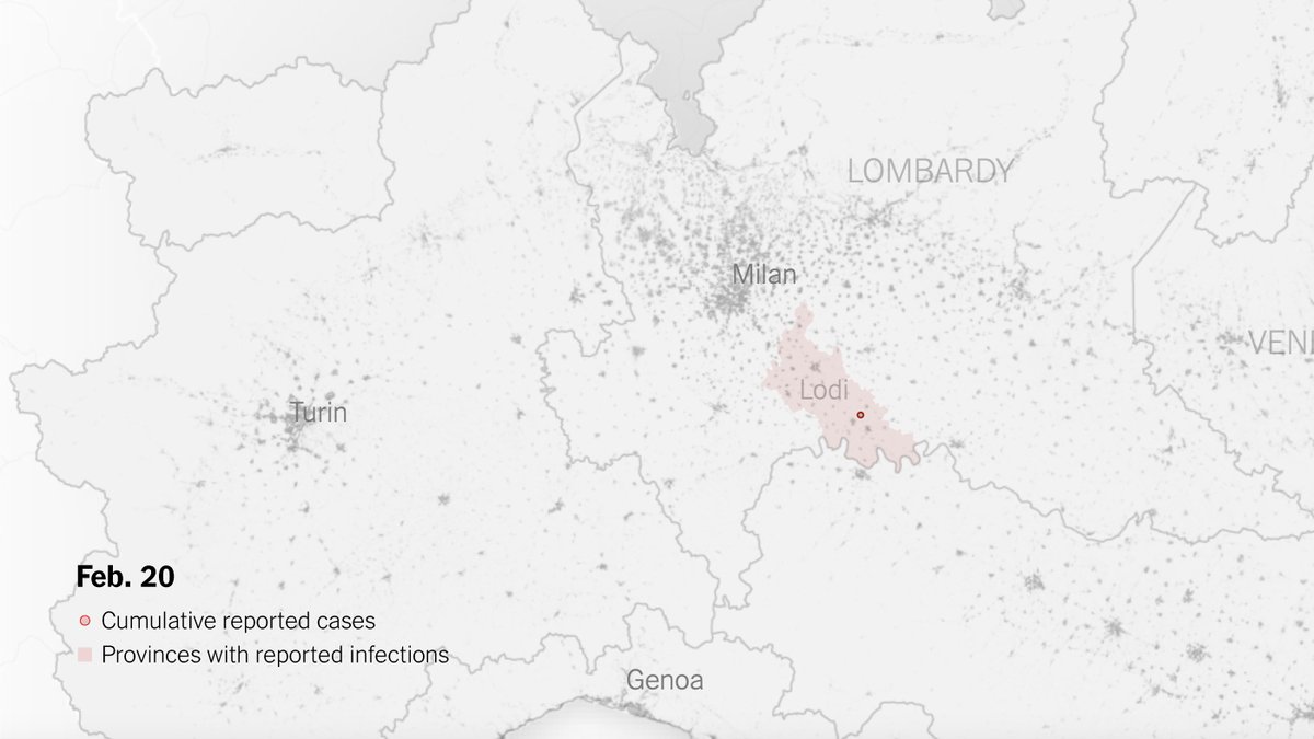 Italy identified its first case of local coronavirus transmission in the province of Lodi on Feb. 20. A cluster of cases appeared to be connected to a 38-year-old man there.  https://www.nytimes.com/interactive/2020/04/05/world/europe/italy-coronavirus-lockdown-reopen.html