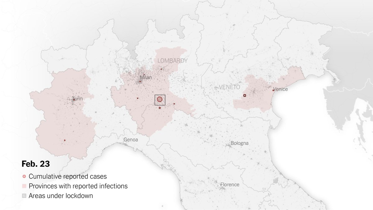 As the coronavirus spread, the Italian government created “red zones” around 10 towns in Lodi and around the town of Vo’ in Padua province, effectively quarantining 50,000 people.  https://www.nytimes.com/interactive/2020/04/05/world/europe/italy-coronavirus-lockdown-reopen.html