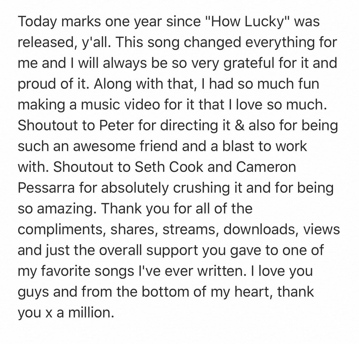 RachelHorter's tweet photo. “How Lucky” was released a year ago today. 😭💛🙏🏻 Thank you and I love you!!! https://t.co/0Q9oG34C4v