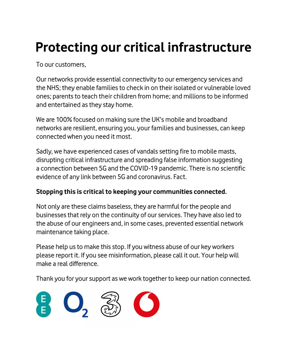 We stand united to protect Britain's critical infrastructure alongside EE, Three and Vodafone.

We must put a stop on misinformation sharing and prevent vandalism to our networks, relied upon by the NHS, critical services, and you.