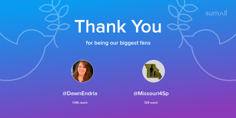 Our biggest fans this week: DawnEndria, Missouri4Sp. Thank you! via sumall.com/thankyou?utm_s…