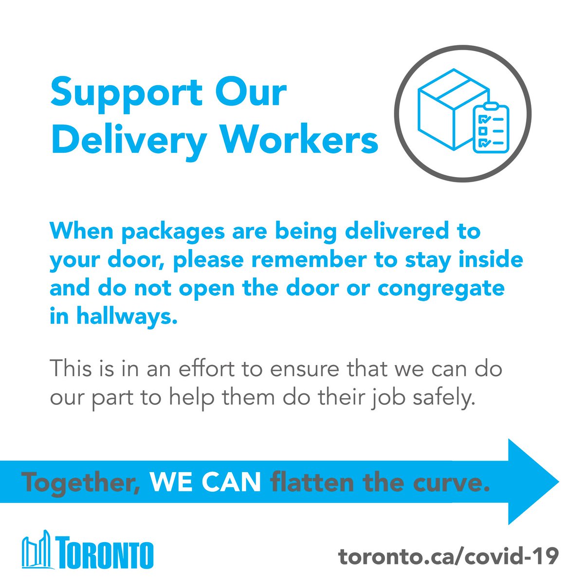 JohnTory's tweet photo. On behalf of the delivery workers across our city, please remember that when packages are being delivered to your door, please stay inside and do not open the door or congregate in hallways. This is in an effort to ensure that we can do our part to help them do their job safely. https://t.co/681X0i134W