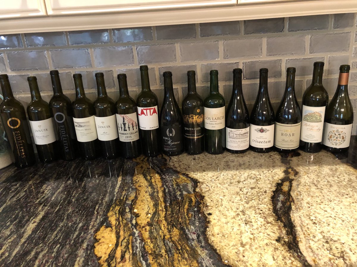 memphishusky's tweet photo. Week two of quarantine and the wine drinking continues to go well. This week’s victims, which is stronger lineup than week 1 probably. @lattawines @nhjwinery @FidelitasWines #wawine #champoux @Wa_State_Wine https://t.co/x70oT2Sjxt