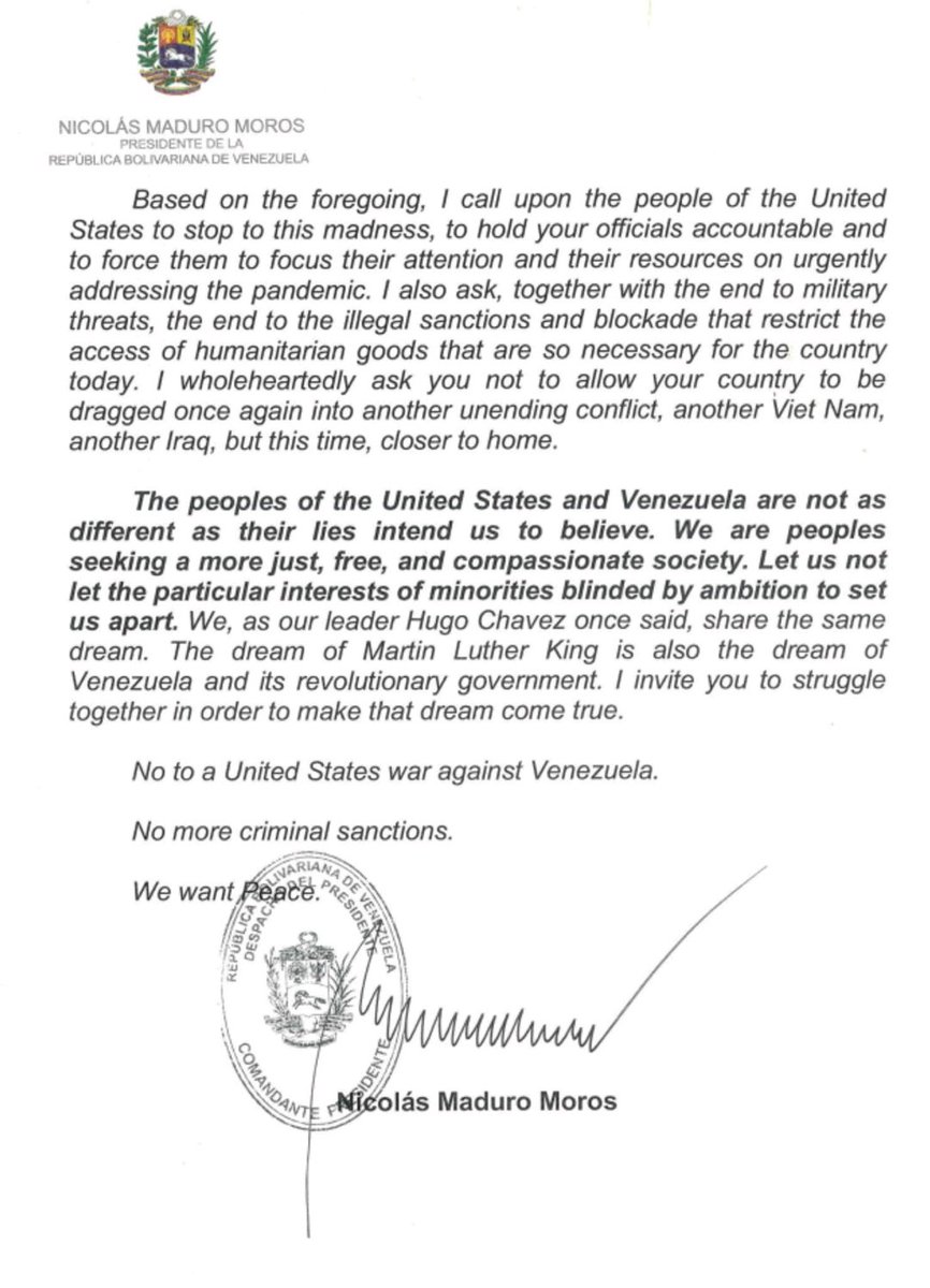 Venezuela's democratically elected President Nicolás Maduro sent this open letter to the people of the USA, calling for peace and no war and sanctions.He warns that the Trump admin is trying to launch a war, based on lies about drugs, to distract from the coronavirus disaster.