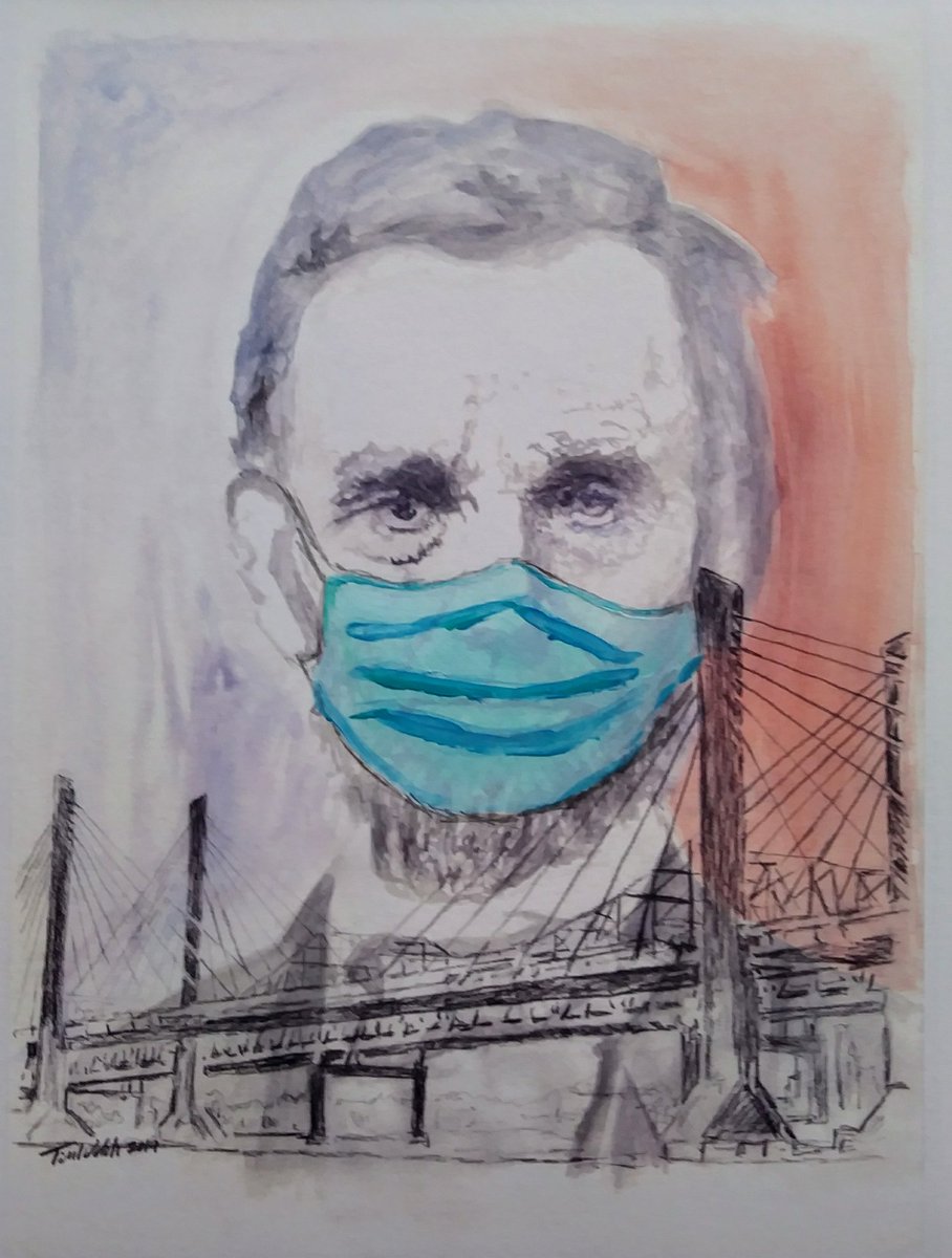 buddzer's tweet photo. I gave Lincoln a mask to help him stay safe. Acrylic paint on digital print. #COVID2019 #CoronavirusPandemic #ArtistOnTwitter https://t.co/R98X6KEw3F