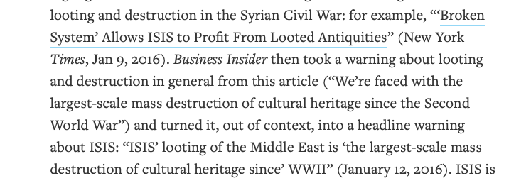 The "largest cultural crisis since World War II" is something we've seen before. As I've written, a characterization initially applied to looting by *all* sides in Syria quickly gets used exclusively for ISIS looting.In the current piece it's for insurgents and terrorists.