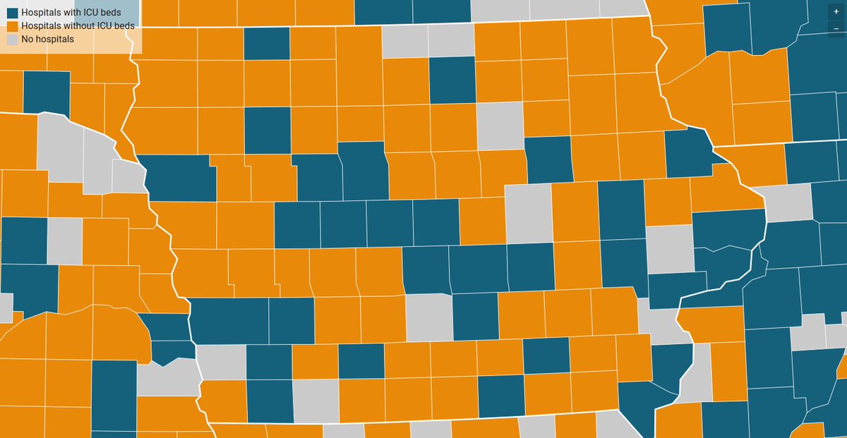 According to Kaiser's report, 9 counties in Iowa do not have a hospital. Right now in those counties there are 53 cases of coronavirus reported.