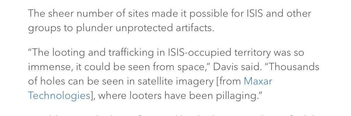 But the most misleading talking point is "The looting & trafficking in ISIS-occupied territory was so immense, it could be seen from space"We know all sides have looted in Syria because *all* of it is visible from space -- that's how it's been studied! https://journals.plos.org/plosone/article?id=10.1371/journal.pone.0188589