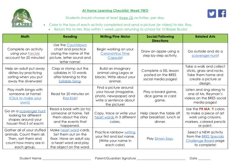 Bethany_Ray12's tweet photo. Check out our at home learning checklist for week two! #studentagency @BRESblazers #fcpsproud #BRESStrong https://t.co/ouEza5HHSY