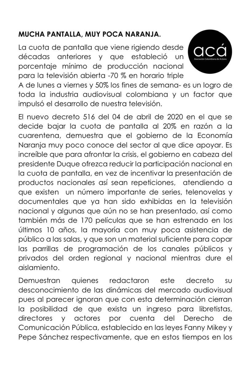 actoresACA's tweet photo. COMUNICADO OFICIAL DE LA ASOCIACIÓN COLOMBIANA DE ACTORES CONTRA EL NUEVO DECRETO 516 DEL 04 DE ABRIL DEL 2020 en el que se decide bajar la cuota de pantalla. 
Convocamos a una TWITTERATON a las 2:00 p.m utilizando los hashtags #PresidentePongaseRojo #MuchaPantallaPocaNaranja https://t.co/j4OpXd1inN