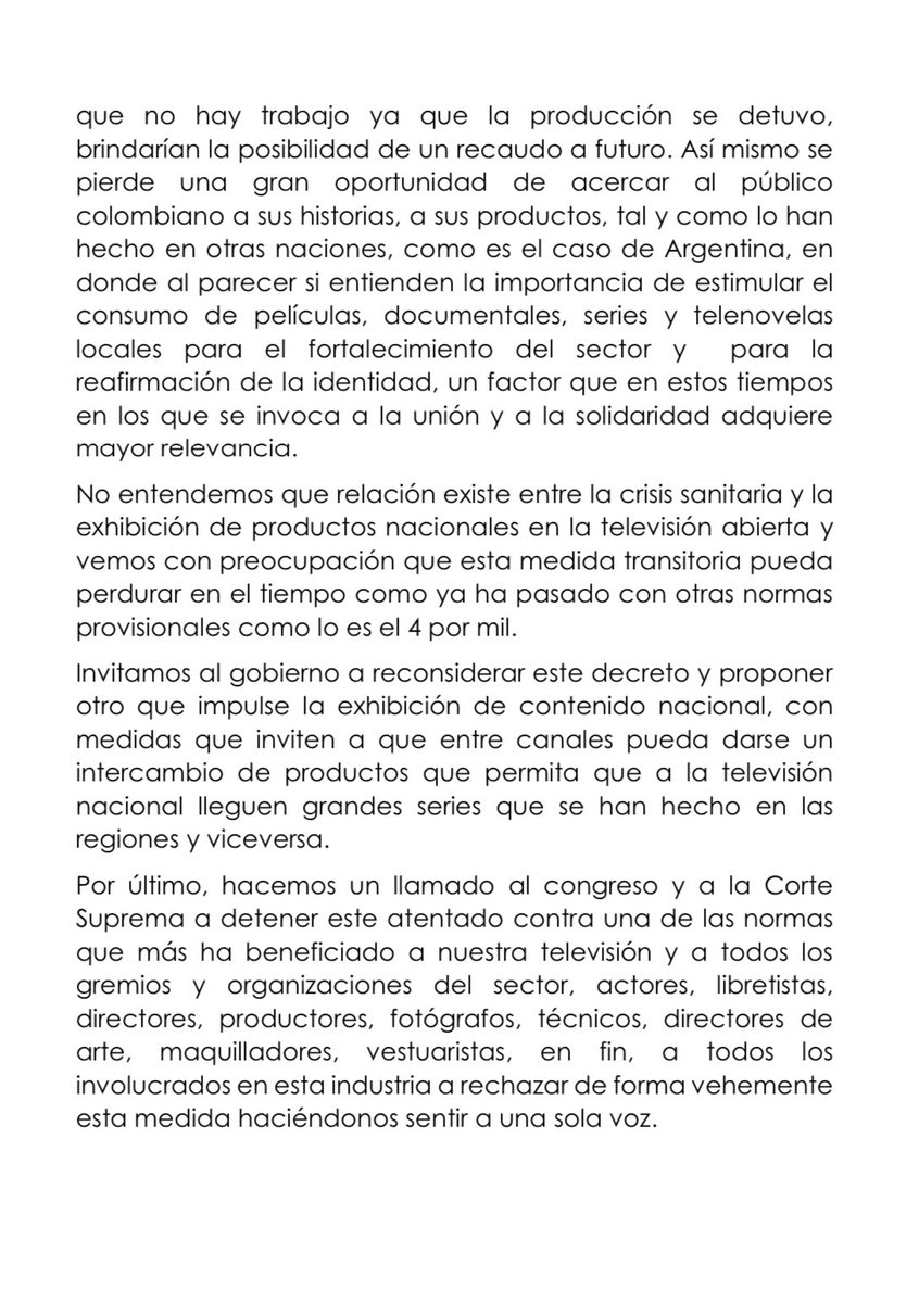 actoresACA's tweet photo. COMUNICADO OFICIAL DE LA ASOCIACIÓN COLOMBIANA DE ACTORES CONTRA EL NUEVO DECRETO 516 DEL 04 DE ABRIL DEL 2020 en el que se decide bajar la cuota de pantalla. 
Convocamos a una TWITTERATON a las 2:00 p.m utilizando los hashtags #PresidentePongaseRojo #MuchaPantallaPocaNaranja https://t.co/j4OpXd1inN
