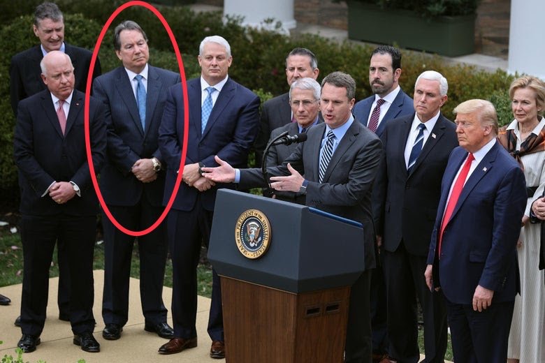 WHERE ARE THE TESTS?On March 13, Trump gathered CEOs in the Rose Garden to thank their Great Companies for mobilizing to provide testing. You know all those drive through parking lot tests we now have at Walmart and Target? Yeah, those. He also had the head of Quest Diagnostics.