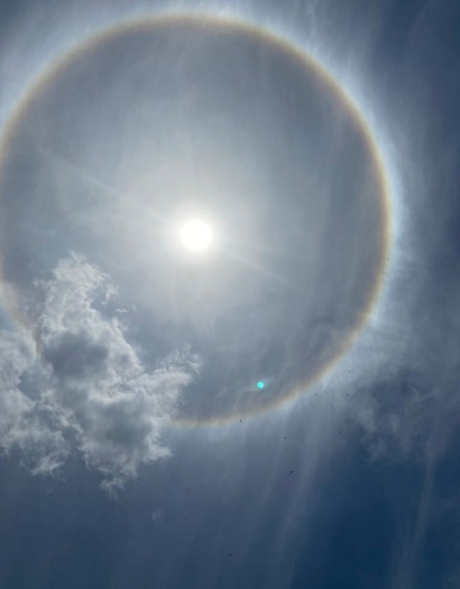 PedroMMercado's tweet photo. Un halo solar es un fenómeno meteorológico y óptico que se produce por la refracción de cristales de hielo que están en suspensión en la Troposfera.
Un regalo este domingo de Cuaresma, donde Jesús entra triunfante a Jerusalen.
#pedromercado
#Cuaresma #Jesus 
#Caracas 
#venezuela https://t.co/YeLNjd0E5n