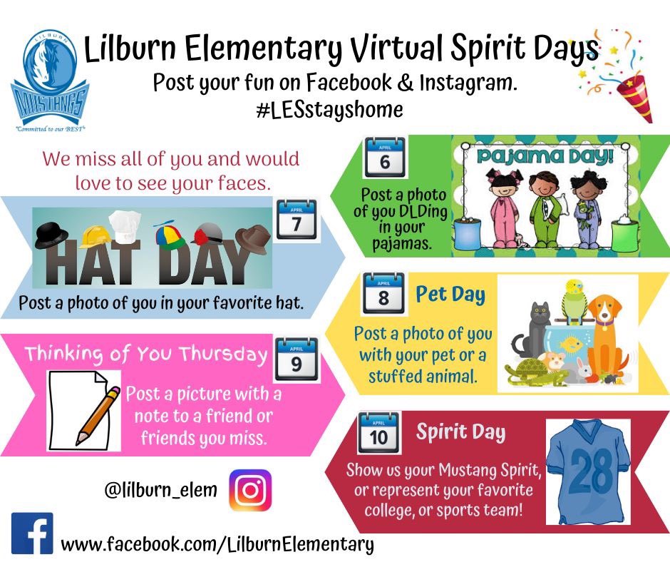 Lilburn_Elem's tweet photo. Join us for virtual spirit days this week. We can’t wait to see you! #committedtoourBEST https://t.co/6qu2FxgkxK