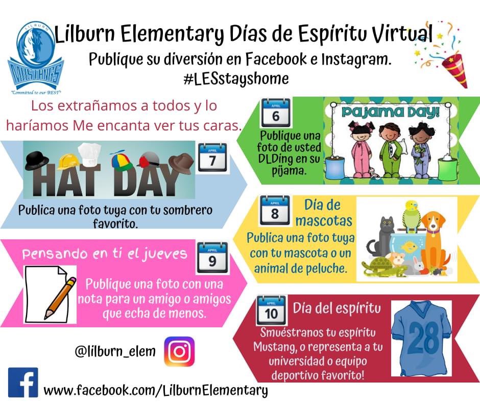 Lilburn_Elem's tweet photo. Join us for virtual spirit days this week. We can’t wait to see you! #committedtoourBEST https://t.co/6qu2FxgkxK