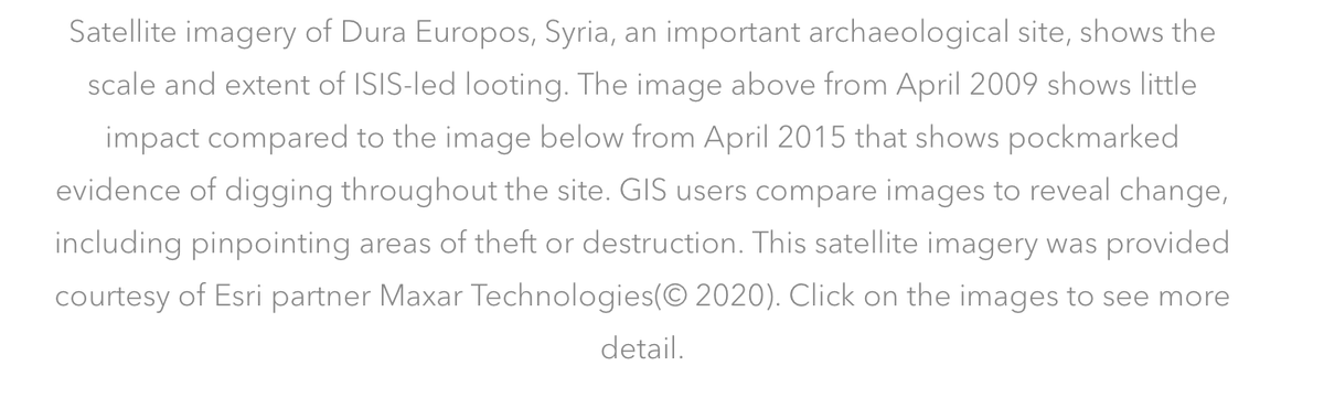 Then we have the example given, a version of the often-used before and after views of Dura-Europos with looting holes.Here is the caption, emphasizing the "ISIS-led looting"