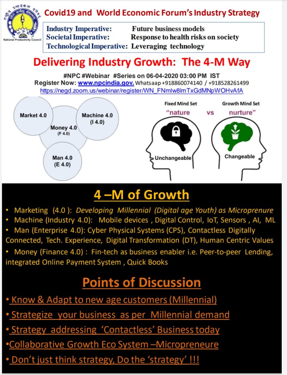 NPC_INDIA_GOV's tweet photo. Join the #Webinar on #InnovativeModel of #NPCCoEI4.0(4M) which focuses on Modern Marketing tools, Industry 4.0 Tools , Skill upgradation of Staff, and tools of Fintech/Financial Management for Industrial Growth on 6.4.20 at 3PM https://t.co/uGDnlSlLoA @AIUIndia
@PIB_India https://t.co/4TpA6jY08o