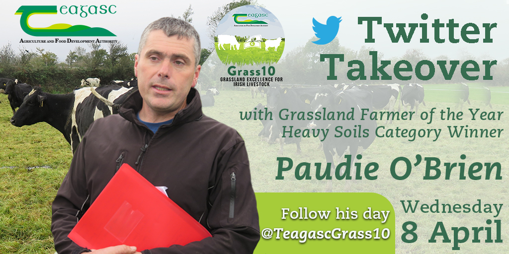REMINDER:

A Day in the Life of a Heavy Soils Farmer – Paudie O’Brien
🗓️ Wednesday April 8th
📍  @TeagascGrass10 

2019 GFOY Disadvantaged Land, Paudie O’Brien, Killarney, Co. Kerry will take over @TeagascGrass10 to showcase his farm. 

#Twittertakeover #farming #teagasc #Grass10