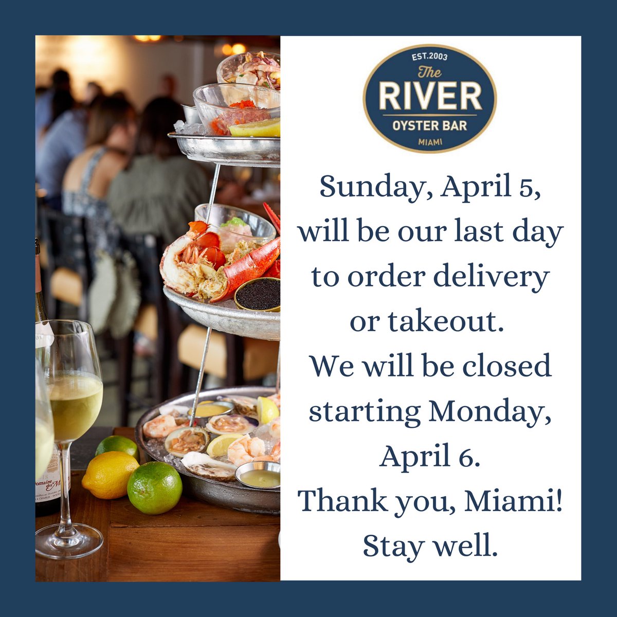 RiverOysterBar's tweet photo. We want to thank you all for doing your best to support us during this unprecedented and difficult time. Given the uncertainty of what faces us, and with our many upcoming changes, we have decided to close The River Oyster Bar for the time being. https://t.co/ltwkeHUJMA