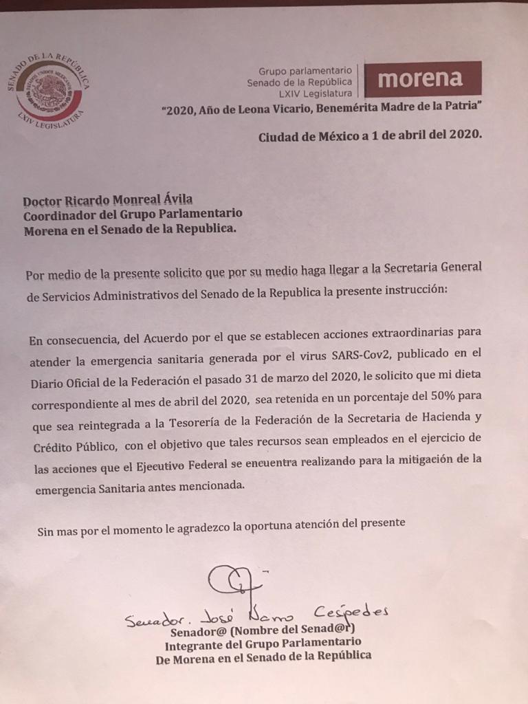 NarroJose's tweet photo. Que los buenos propósitos no queden en el discurso. 
Aquí está mi aportación del 50% de mi salario para coadyuvar con la estrategia del presidente @lopezobrador_ frente a la crisis sanitaria #COVID2019 https://t.co/byB2lstGT4