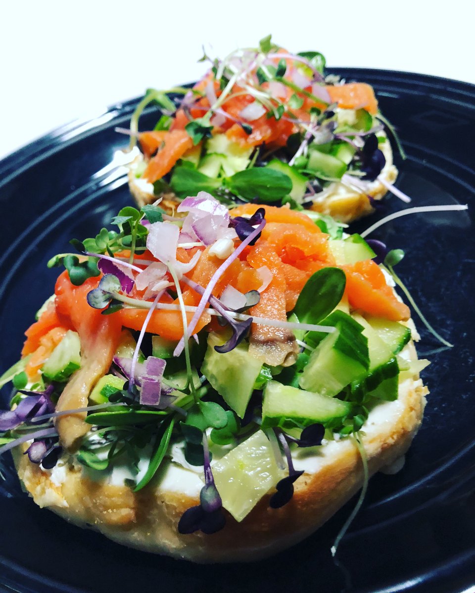 HangingCafe's tweet photo. The Orret Pa, our take on the Lox and Bagel, with Norwegian Smoked Trout, your choice of house made cream cheese (garlic herb, Pueblo green Chile or garden veggie) topped with micro-greens grown locally from Eternal Bloom company, with fresh diced cucumber, and red onion. https://t.co/Jb5U9GaSaB