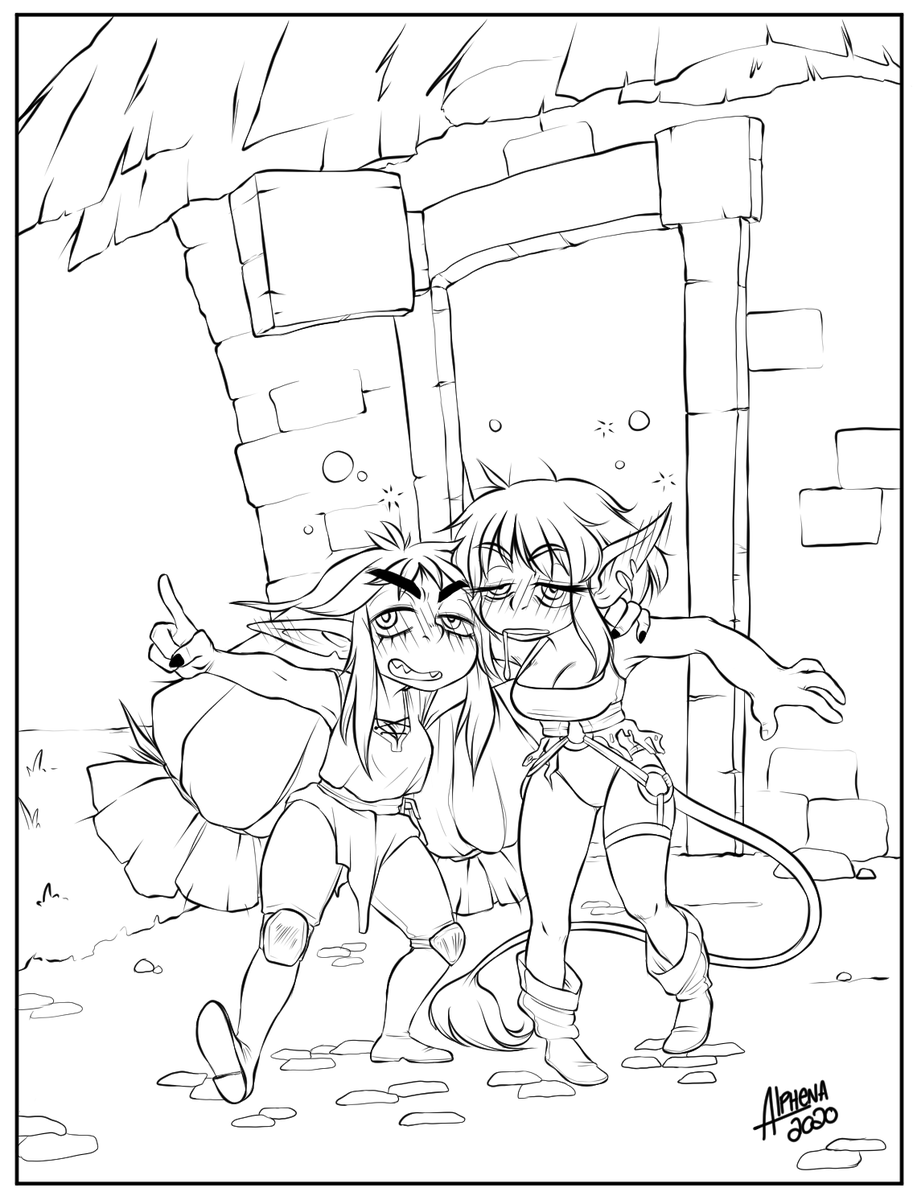 Hazel and @Foreling_Art 's gobbo Vash out bar hopping in various towns. Hazel is likely trying to point out something obscene... 