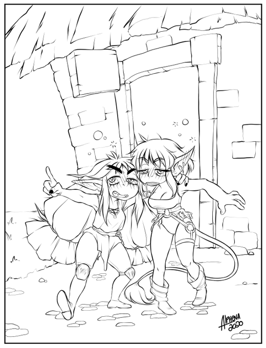 Hazel and @Foreling_Art 's gobbo Vash out bar hopping in various towns. Hazel is likely trying to point out something obscene... 
