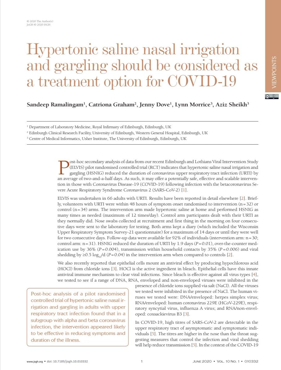 sanramalin's tweet photo. We reanalysed the @ELVISSTUDY (Hypertonic saline nasal irrigation &amp; gargling) data for Coronaviruses. 2.6 day reduction in duration of symptoms (p=0.054) in the 15 individuals infected with coronaviruses. Gave us a few reasons to plan a study on #COVID19. https://t.co/KeGcGCuepJ https://t.co/s5u2BjIv4S