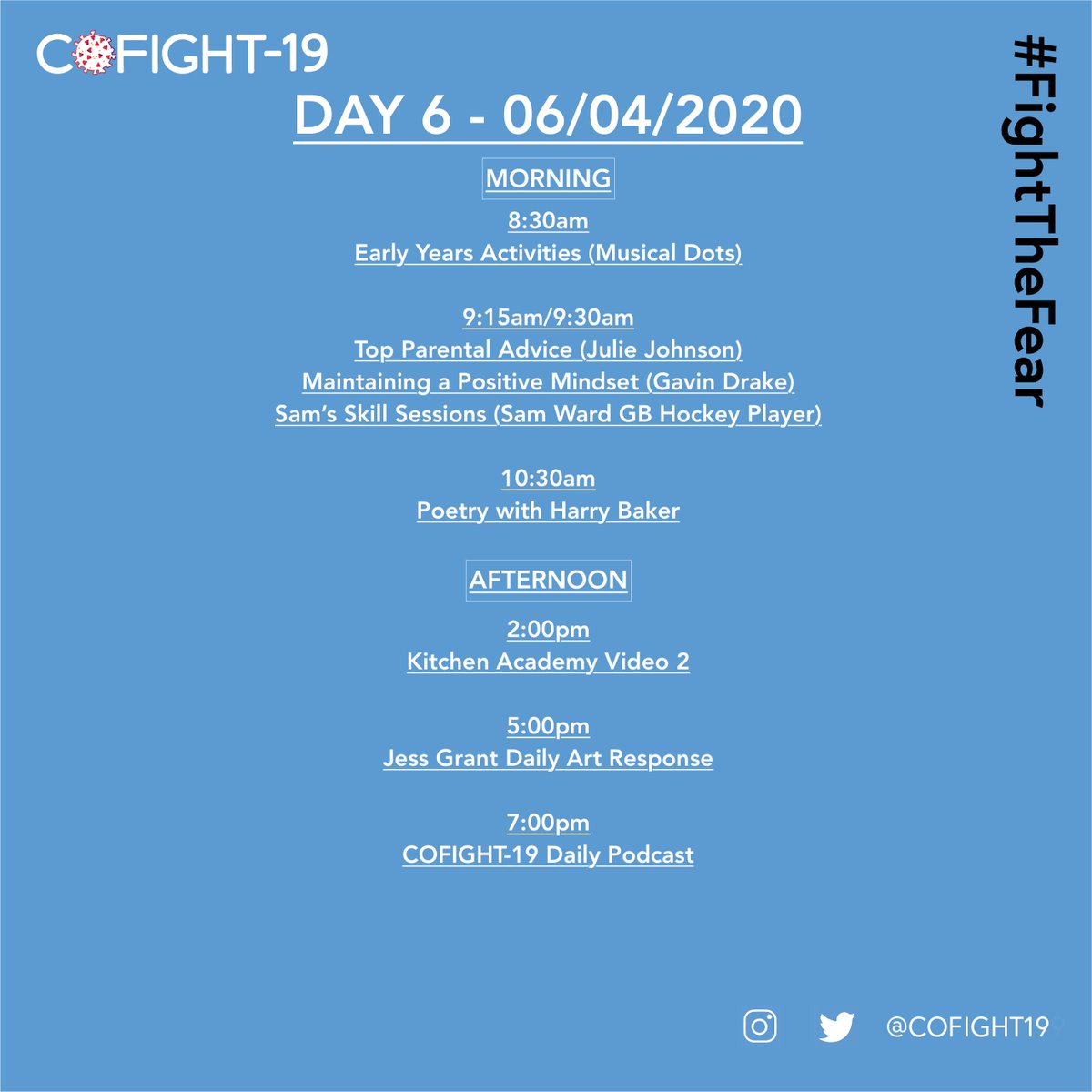 Cofight19's tweet photo. Hope every #COFIGHTER had a great Sunday!
Tomorrow we have Poet Harry Baker’s (@harrybakerpoet) activity in the morning and another visit from @KitchenAcademy in the afternoon!
Day 6 schedule below: https://t.co/nor34hsUKy
